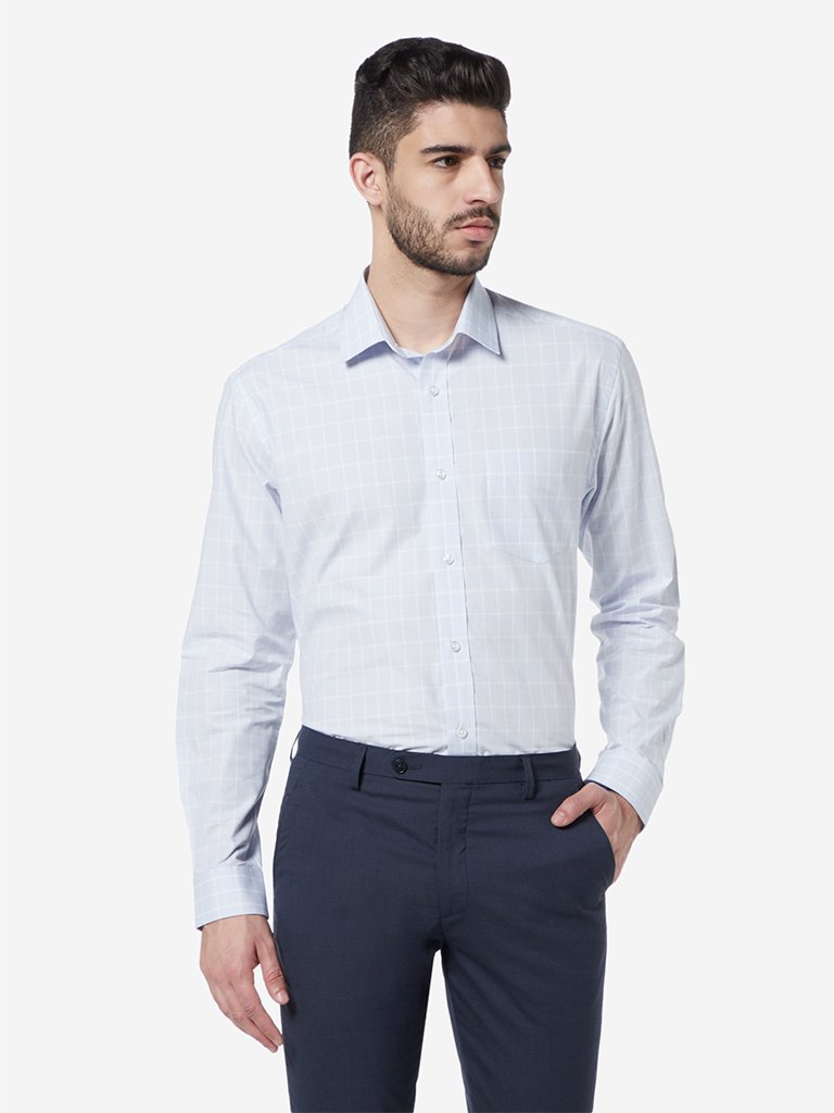 WES Formals Light Blue Checked Relaxed Fit Shirt
