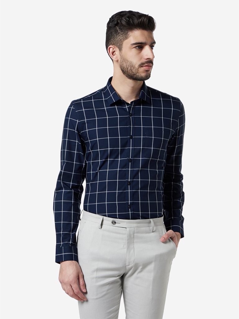 WES Formals Navy Checkered Slim Fit Shirt