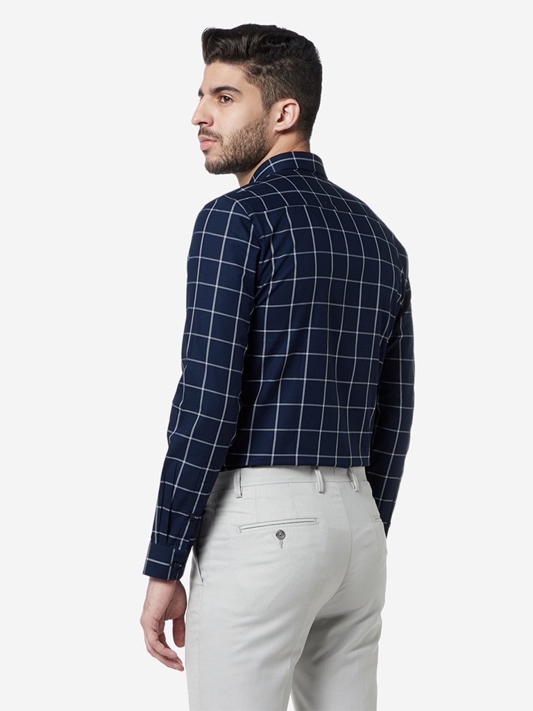 WES Formals Navy Checkered Slim Fit Shirt