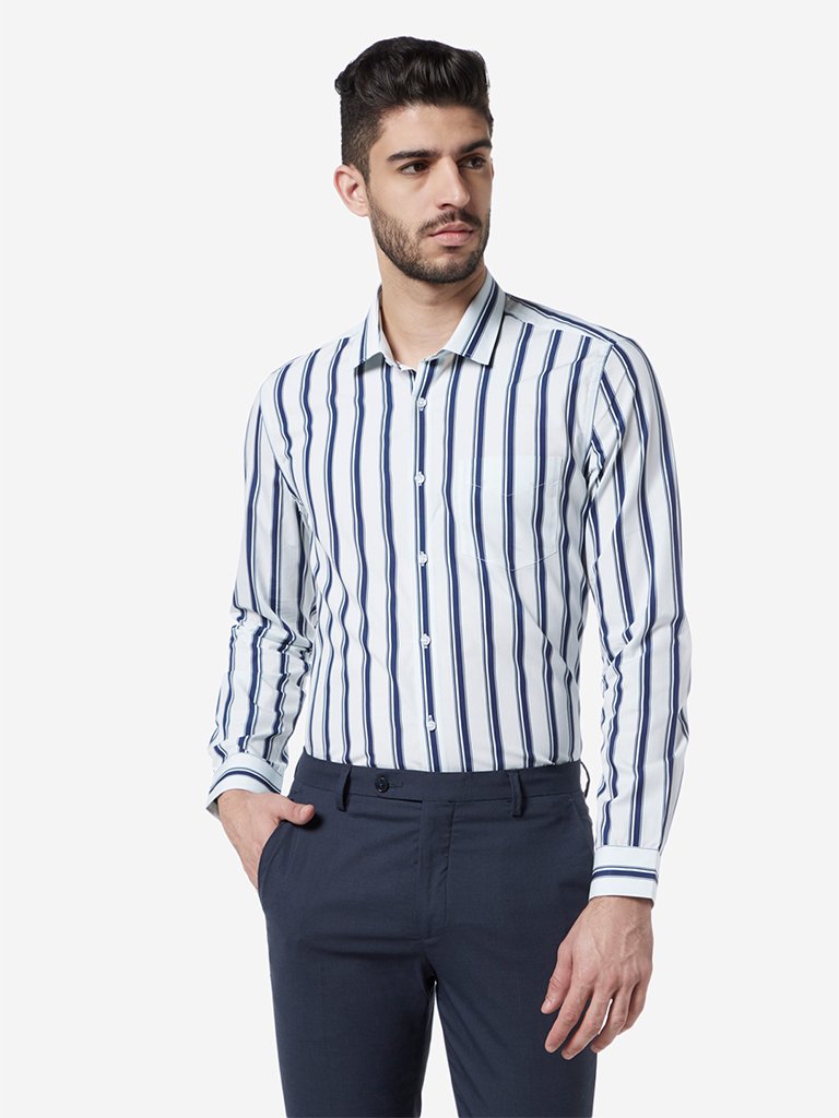 WES Formals White Stripe Print Slim Fit Shirt