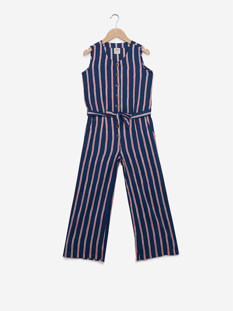 Utsa Kids Indigo Striped Jumpsuit With Belt