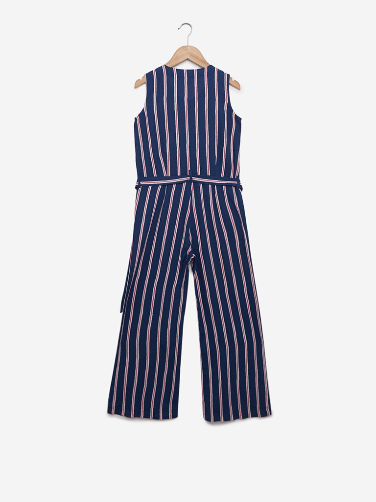 Utsa Kids Indigo Striped Jumpsuit With Belt