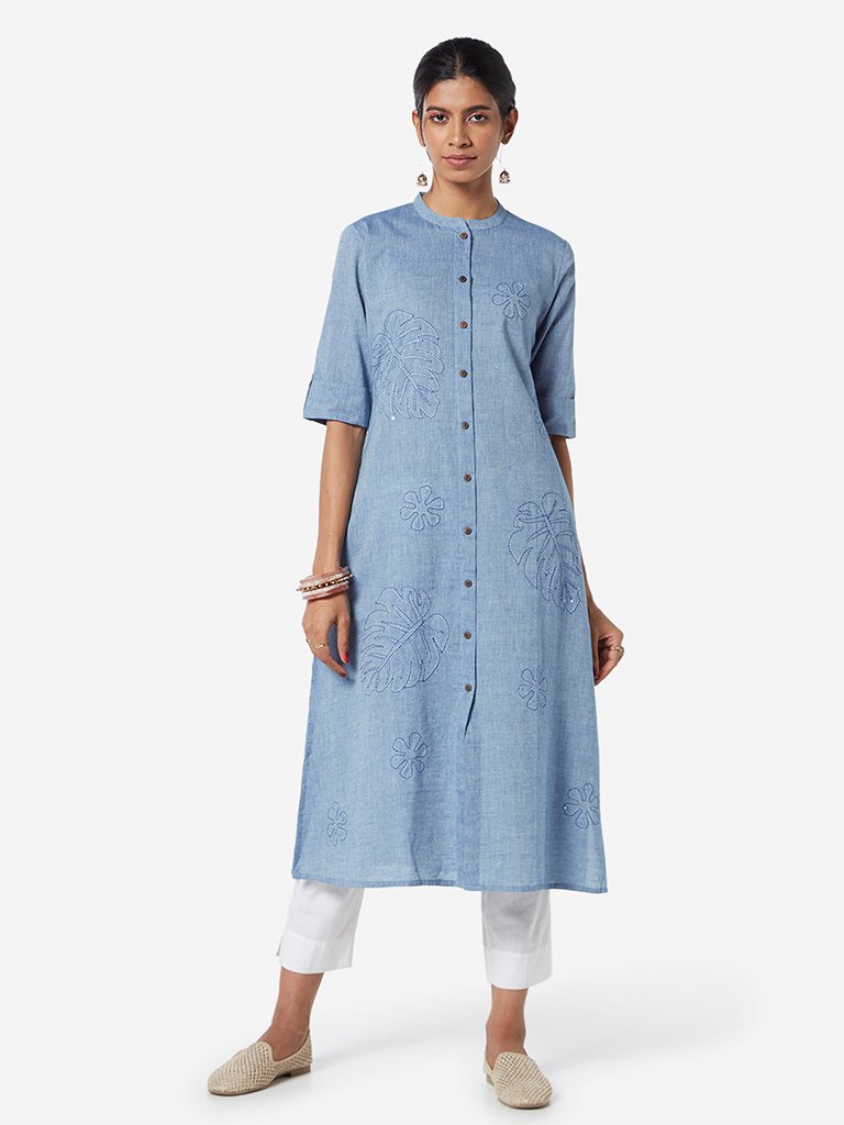 Utsa Blue Band-Neck Embroidered A-line Kurta