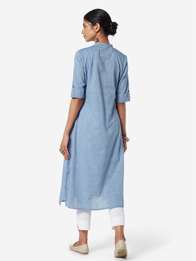Utsa Blue Band-Neck Embroidered A-line Kurta