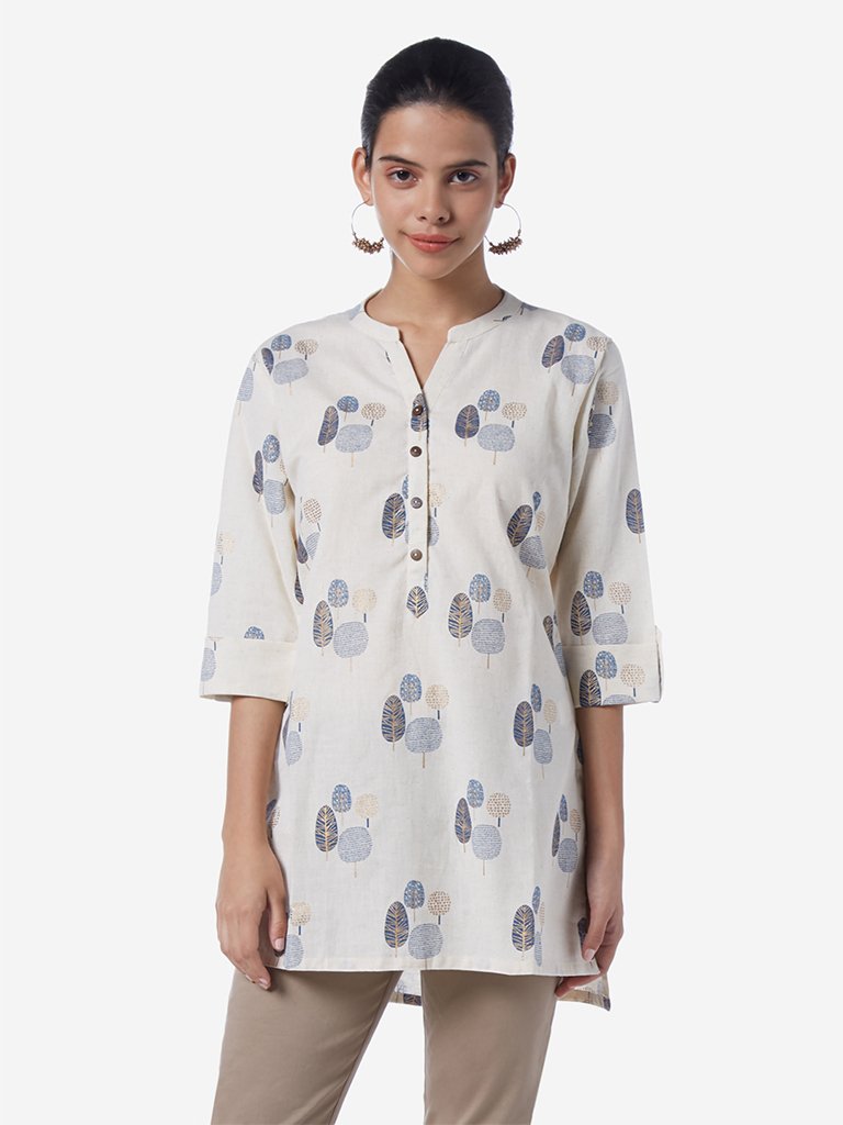 Utsa Off White Tree Print High-Low Kurti