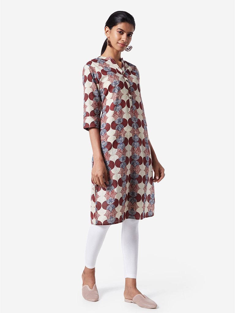 Utsa Maroon Ethnic Printed Straight Cotton Kurta