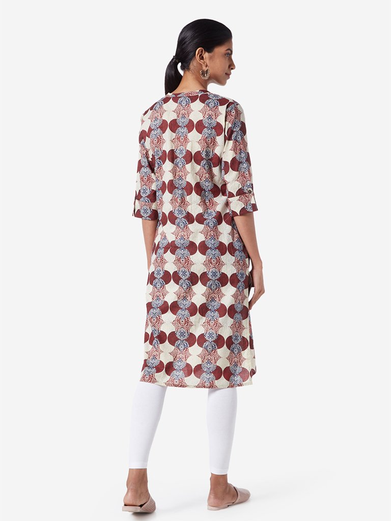 Utsa Maroon Ethnic Printed Straight Cotton Kurta