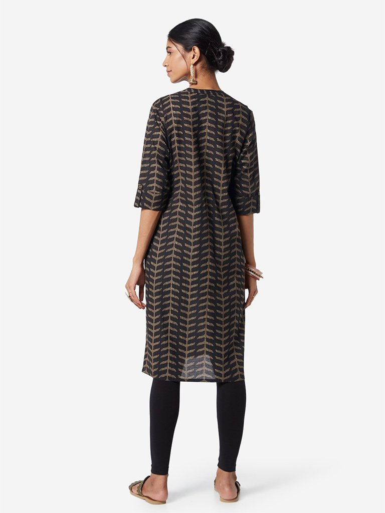 Utsa Black Printed Pure-Cotton Straight Kurta