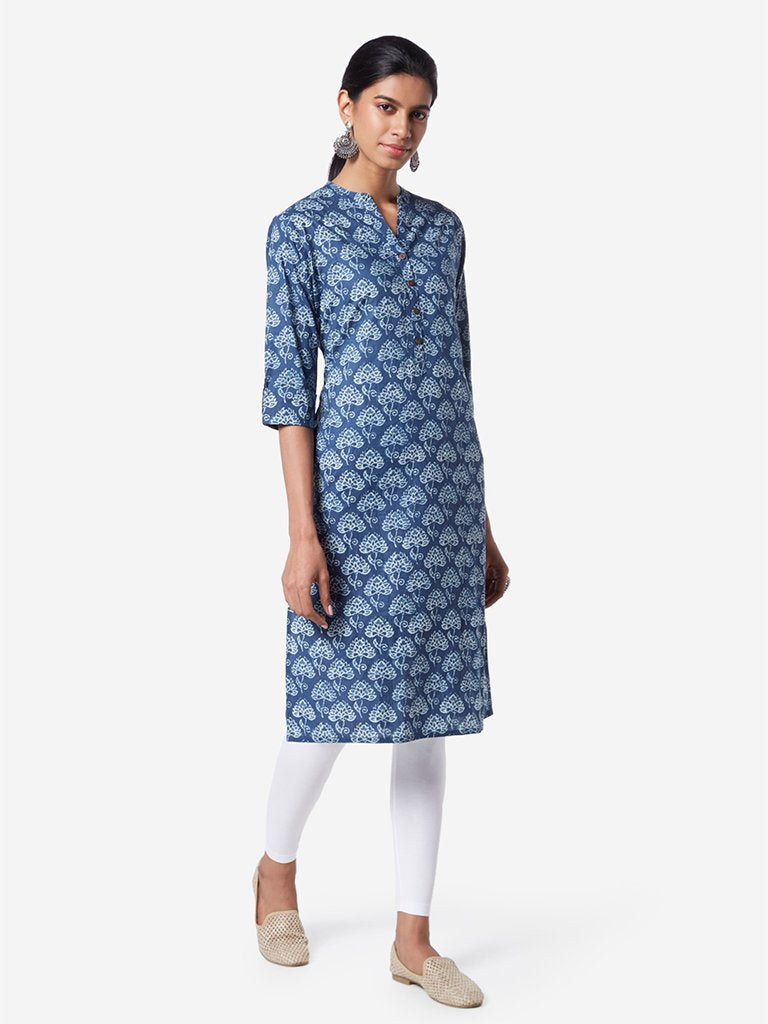 Utsa Indigo Floral Cotton Straight Kurta