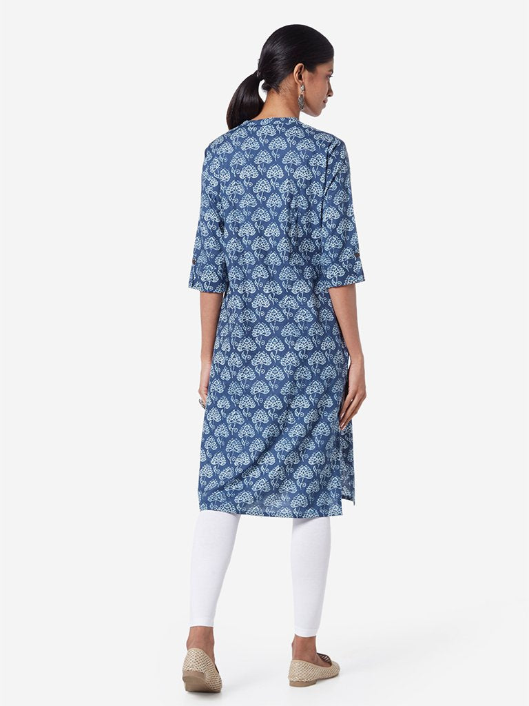 Utsa Indigo Floral Cotton Straight Kurta