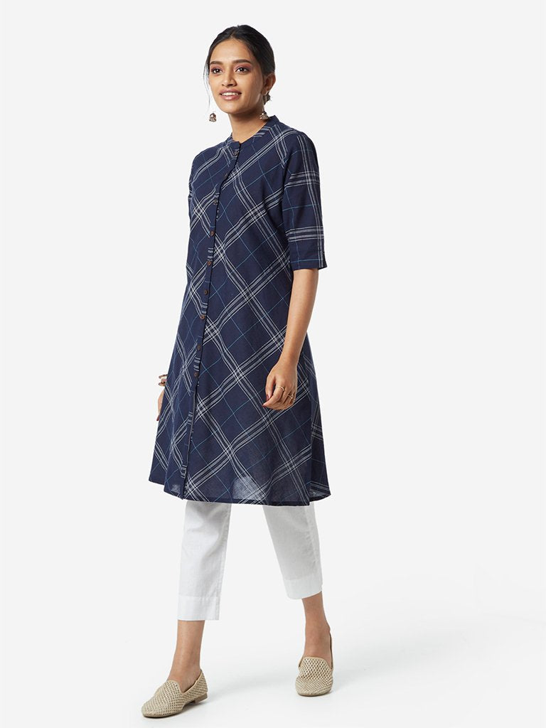 Utsa Navy Checkered A-Line Kurta