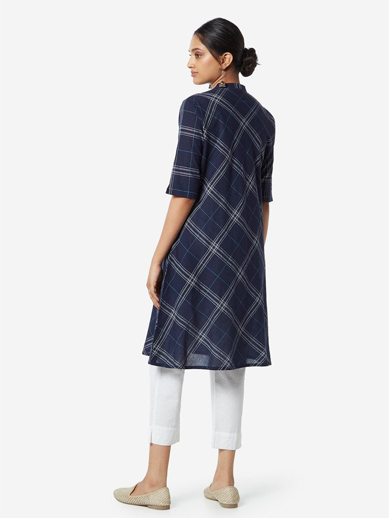 Utsa Navy Checkered A-Line Kurta