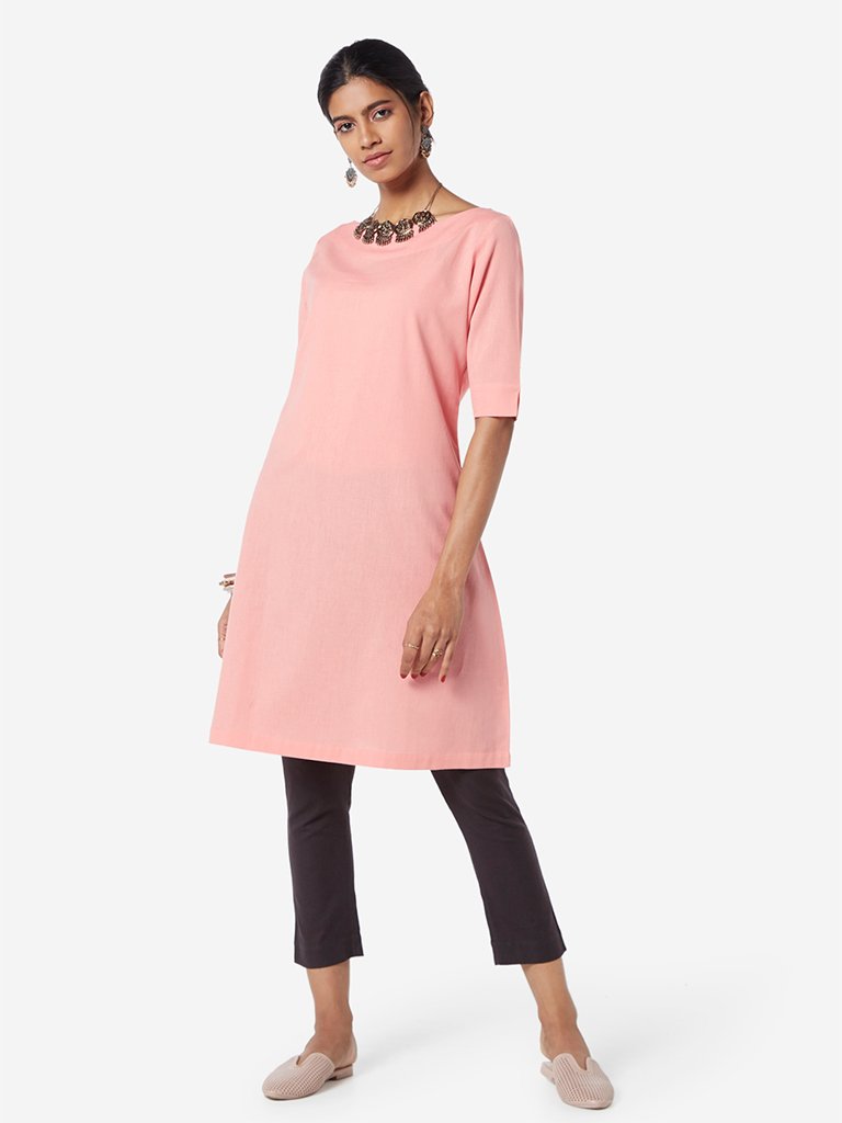 Utsa Blush Pink Boat-Neck A-line Kurta
