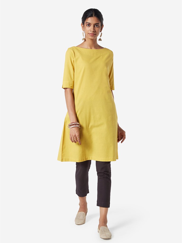 Utsa Mustard Boat-Neck A-line Kurta