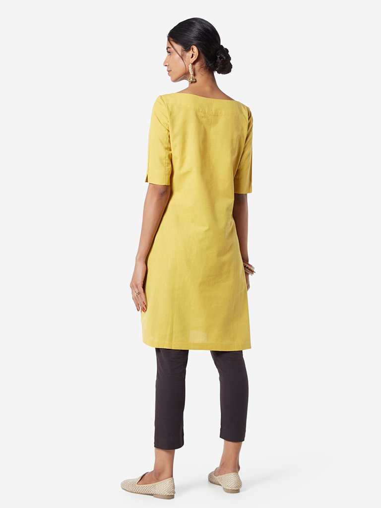 Utsa Mustard Boat-Neck A-line Kurta