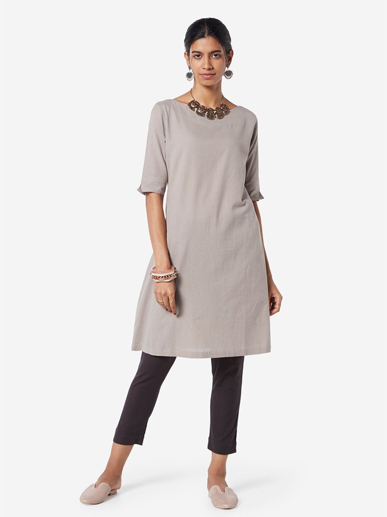 Utsa Grey Boat-Neck A-line Kurta