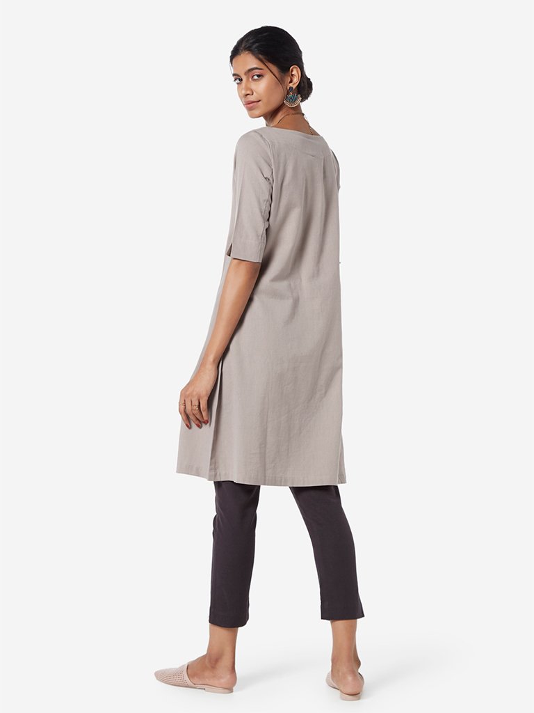 Utsa Grey Boat-Neck A-line Kurta