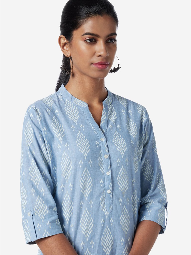 Utsa Light Blue High-Low Ikat Patterns Kurti
