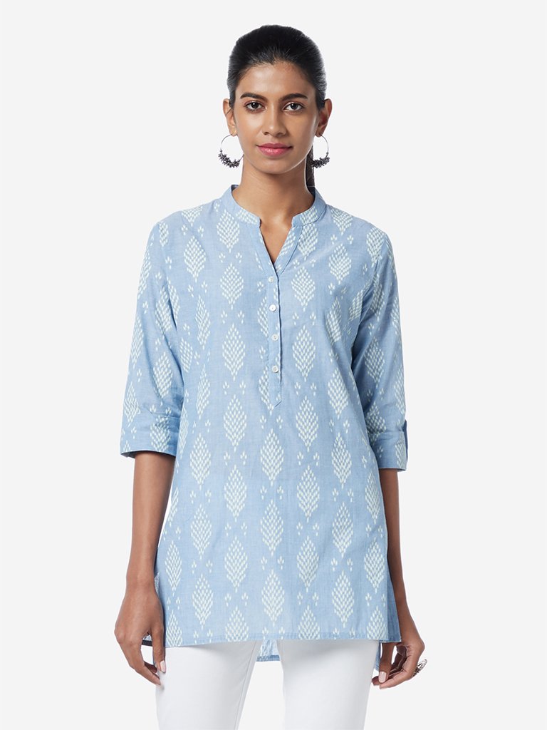 Utsa Light Blue High-Low Ikat Patterns Kurti