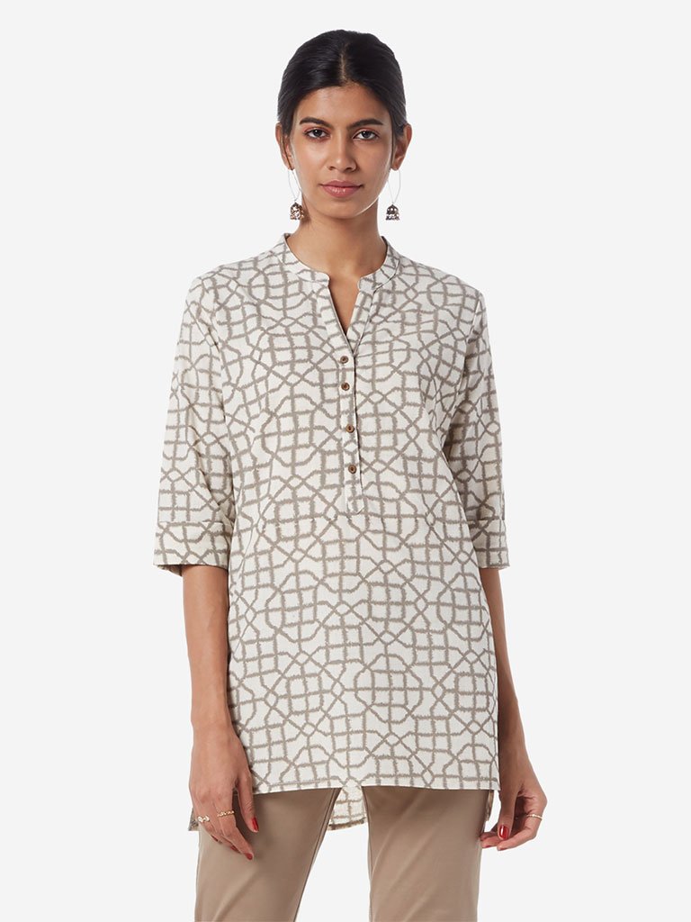 Utsa Off White Geometrical Print High-Low Kurti