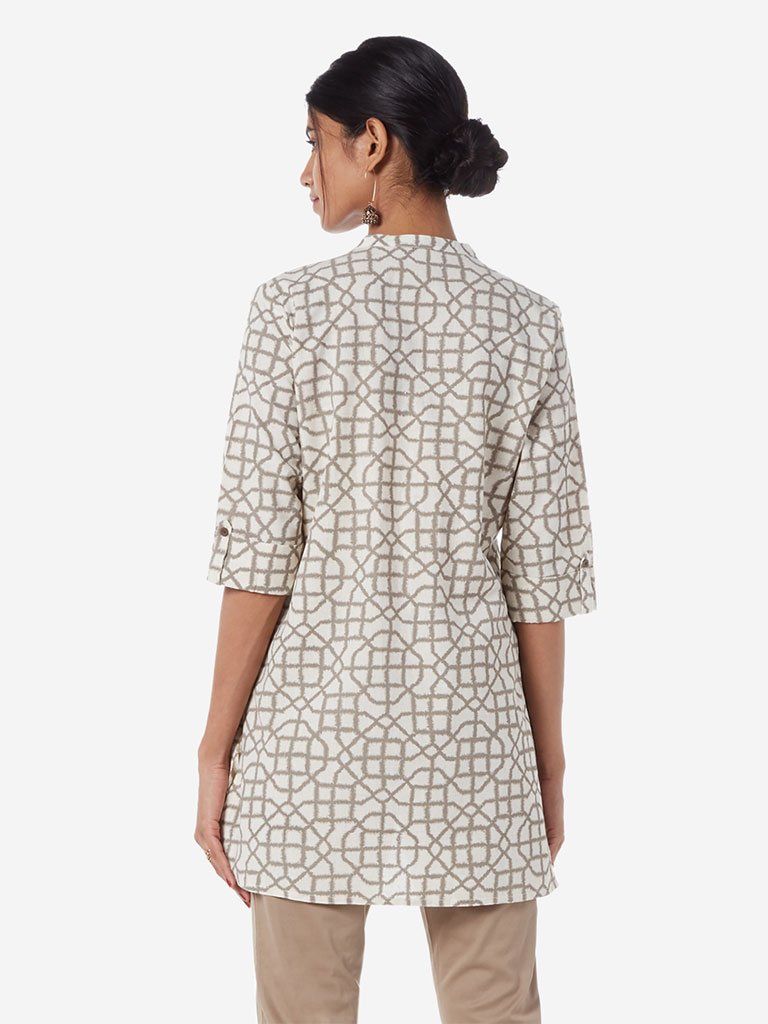 Utsa Off White Geometrical Print High-Low Kurti