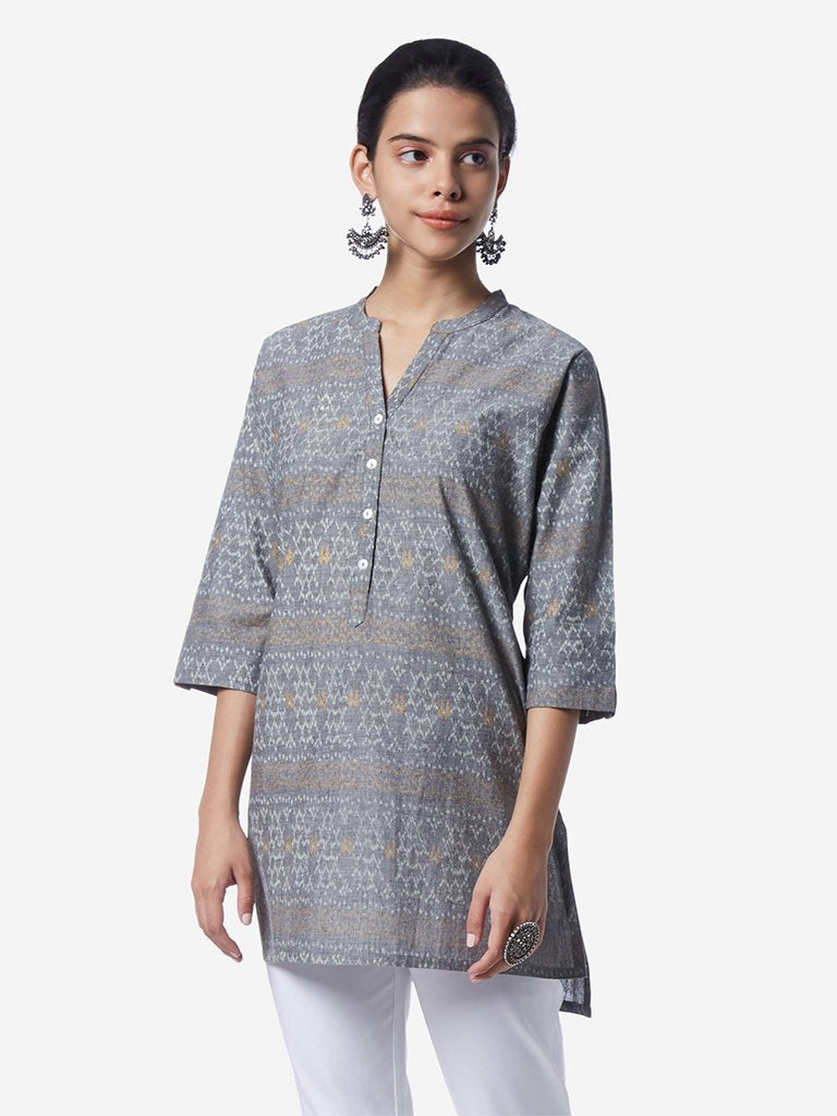 Utsa Grey Ikat Printed High-Low Kurti