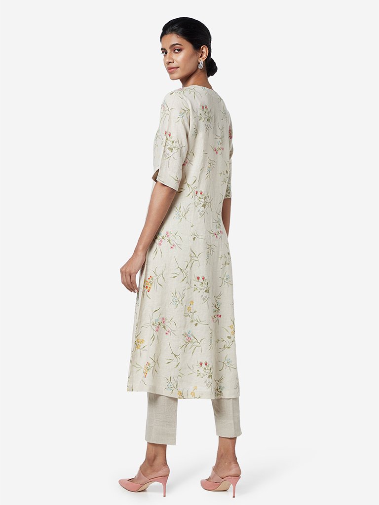 Zuba Beige Floral Printed A-line Kurta