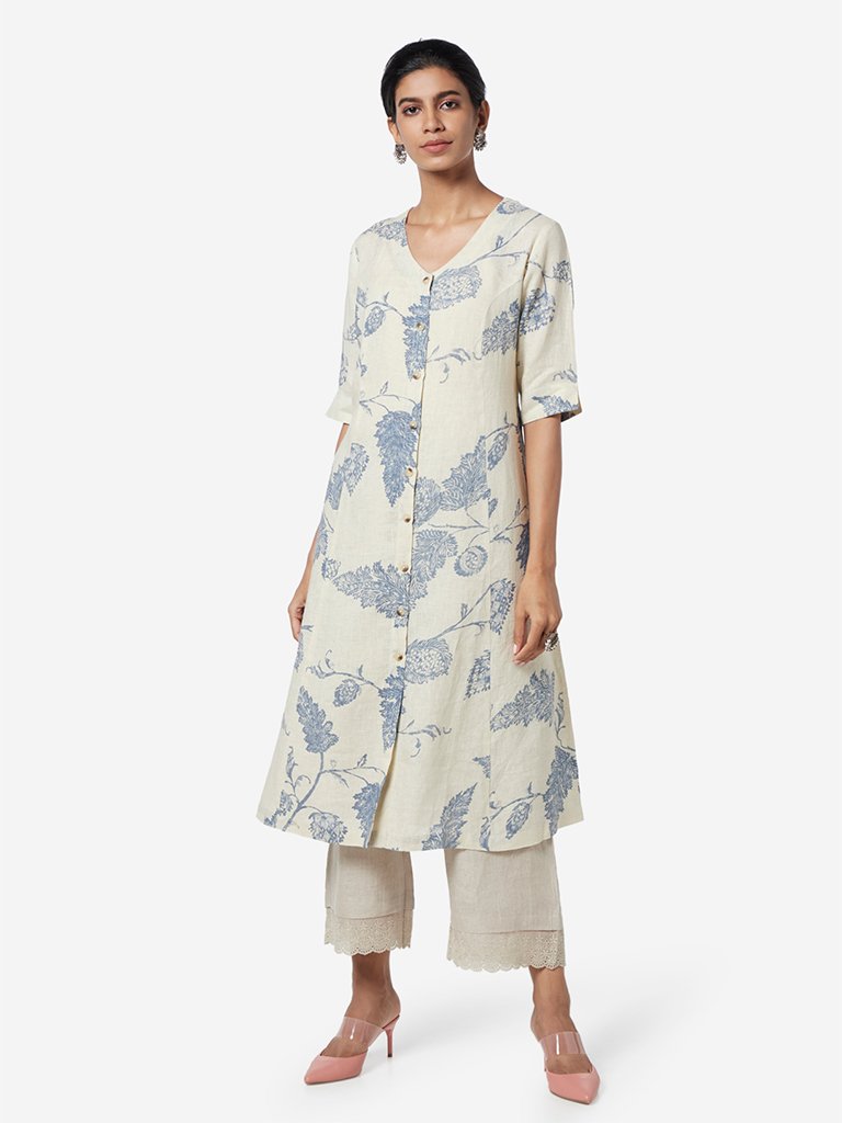 Zuba Off White Floral A-line Kurta