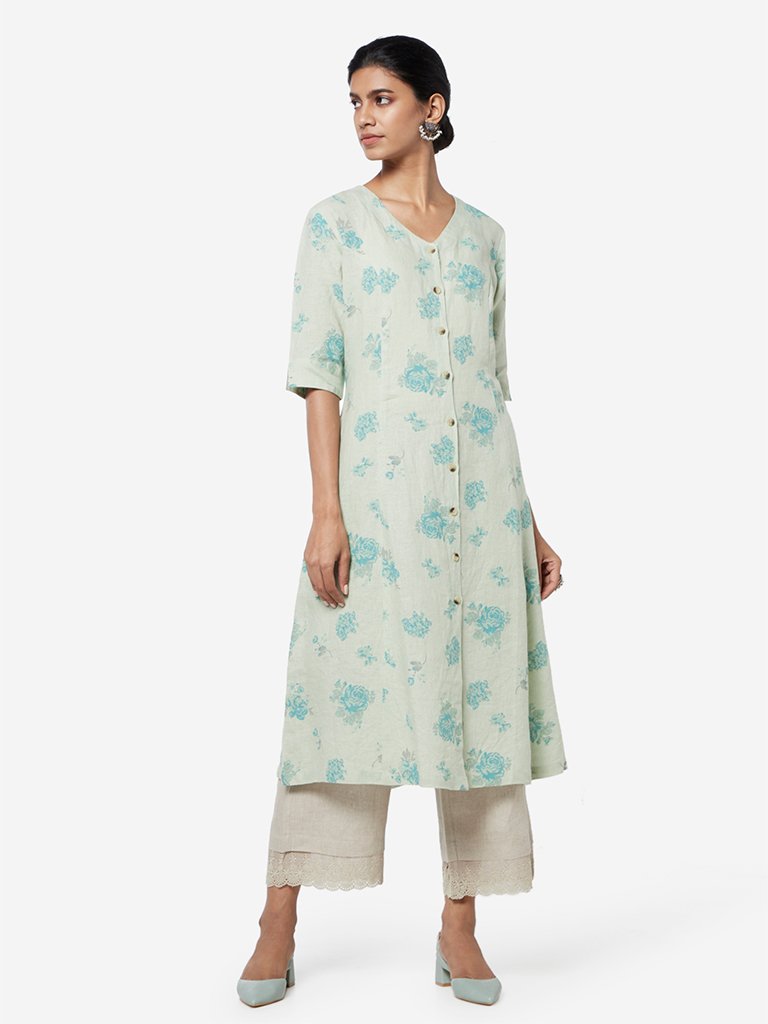 Zuba Mint Floral Printed A-line Kurta