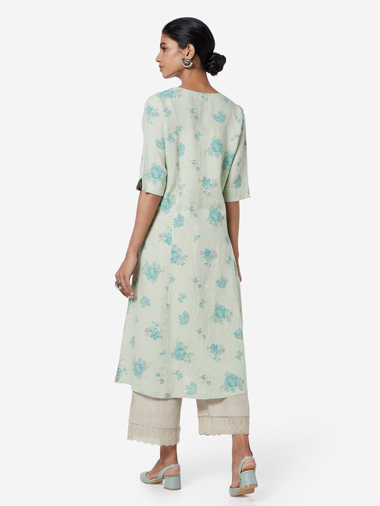 Zuba Mint Floral Printed A-line Kurta