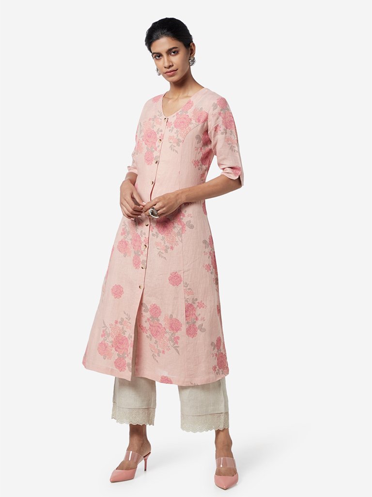 Zuba Pink Floral Printed A-line Kurta