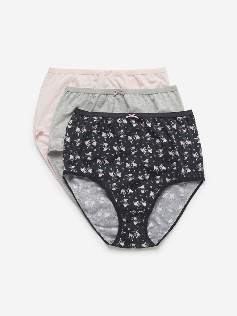 Wunderlove Pink Floral Full Briefs Pack of Three