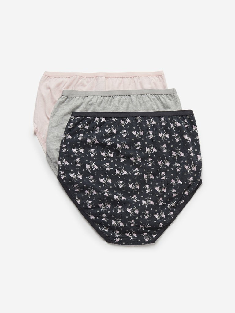 Wunderlove Pink Floral Full Briefs Pack of Three