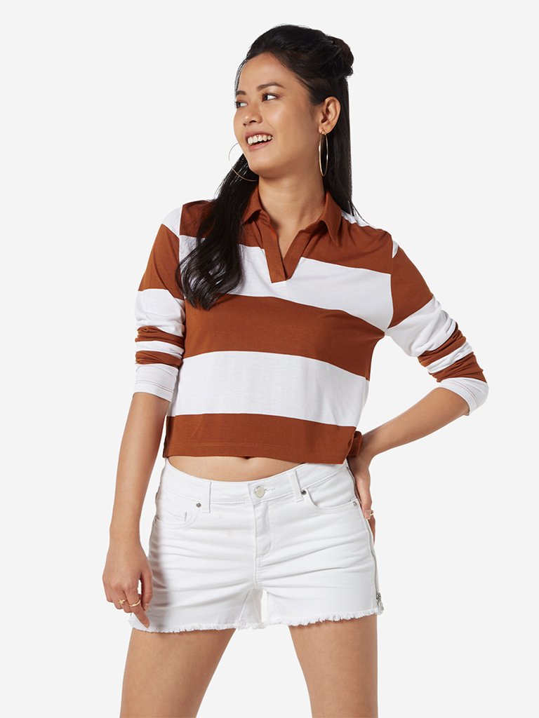 Nuon Tan Stripe Cropped Polo T-Shirt