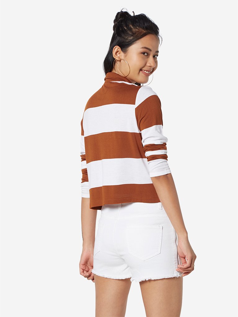 Nuon Tan Stripe Cropped Polo T-Shirt