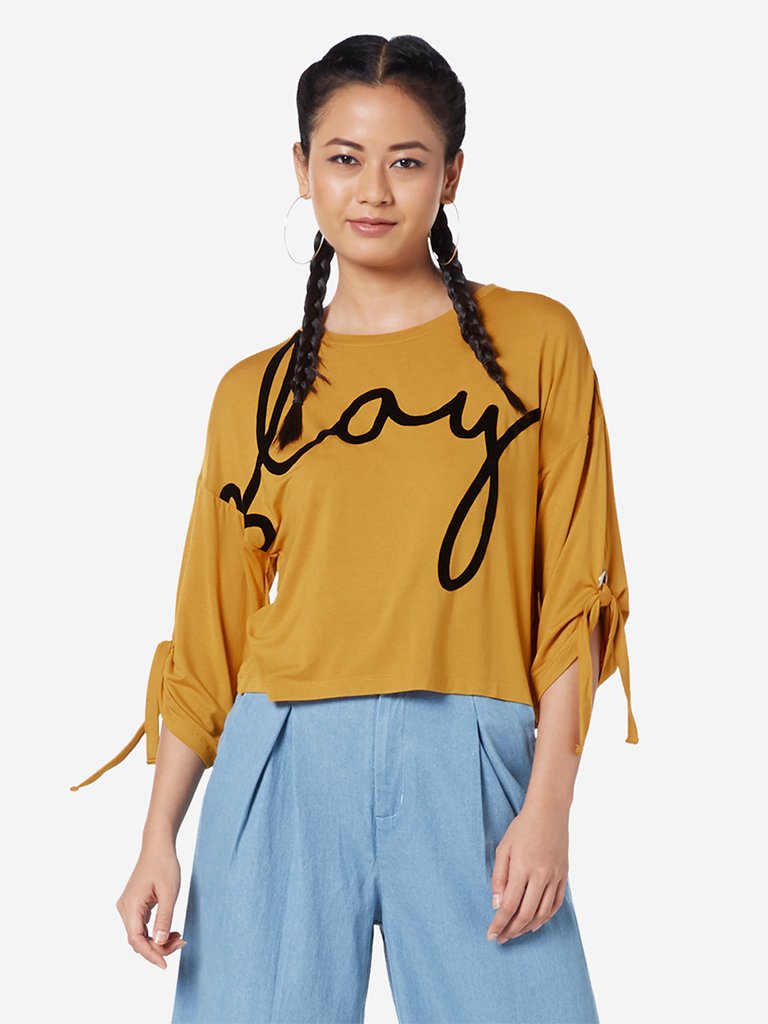 Nuon Mustard Text Pattern Crop T-Shirt