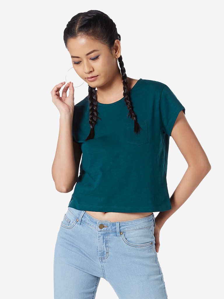 Nuon Teal Pure Cotton Samuel Crop T-Shirt