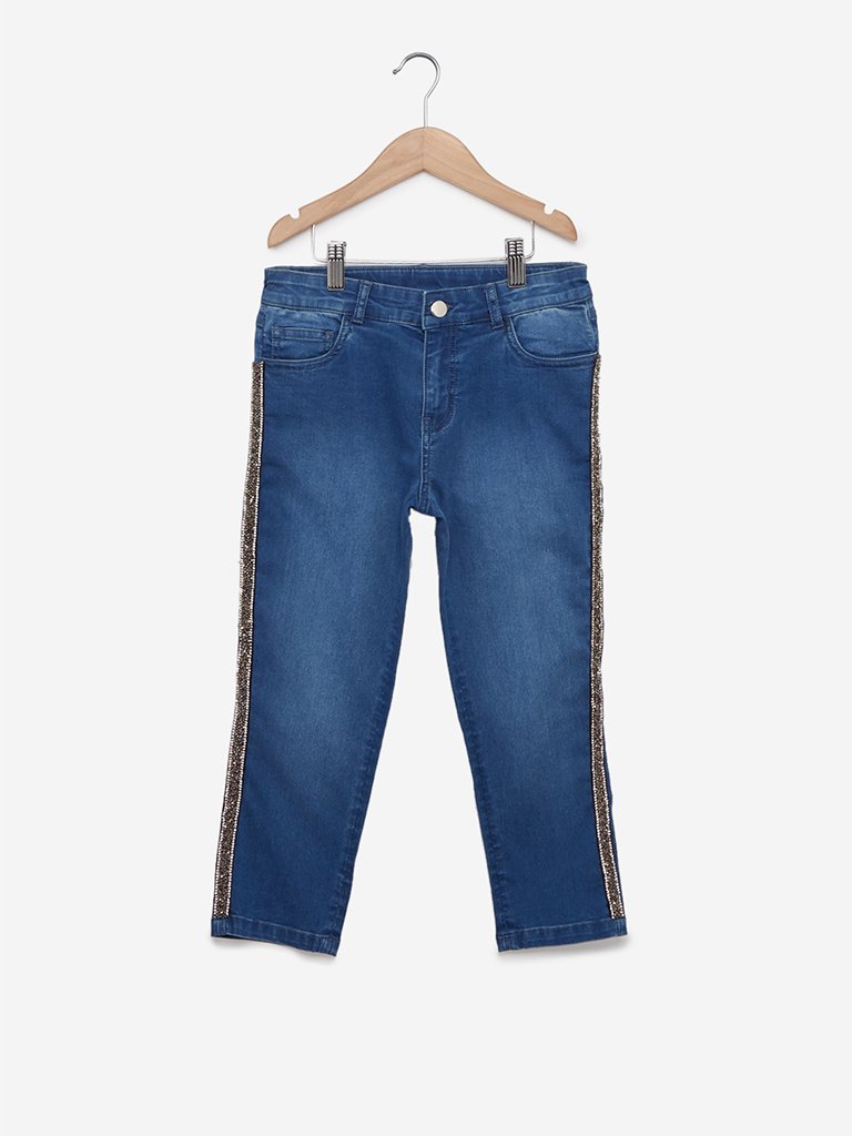 Y&F Kids Blue Rhinestone Detailed Jeans