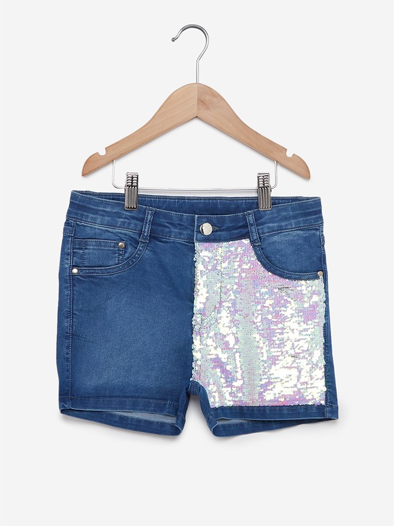 Y&F Kids Blue Sequinned Denim Shorts