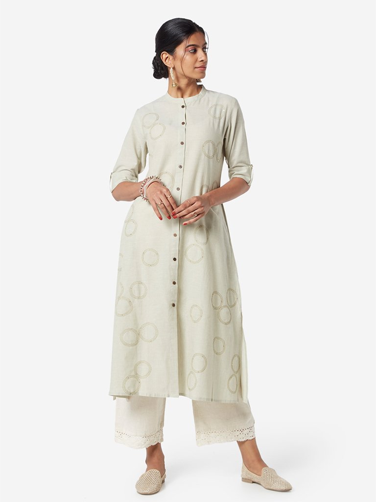 Utsa Off White Circular Patterned A-line Kurta