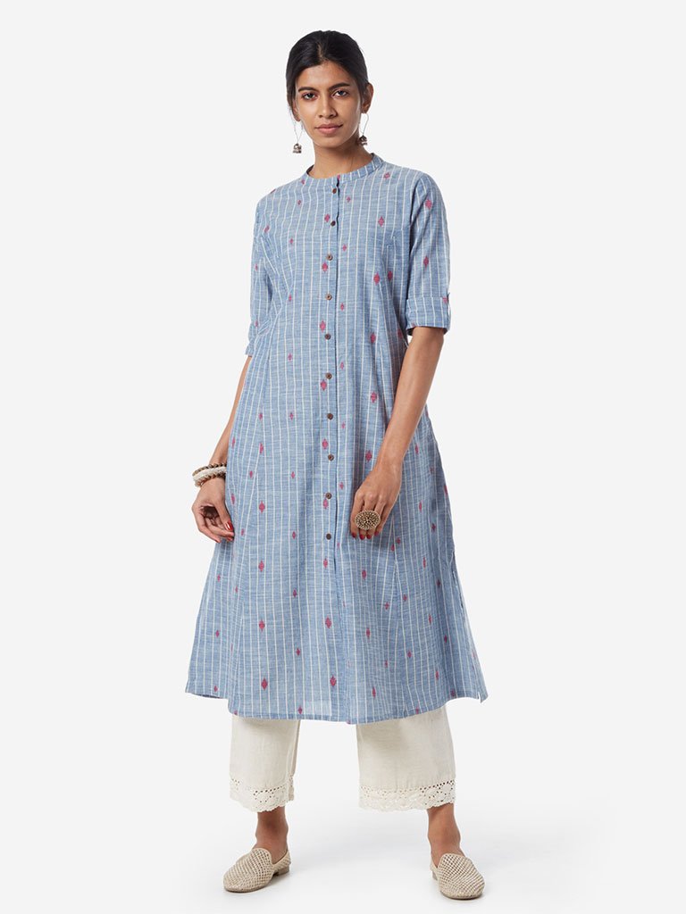 Utsa Blue Printed Pure-Cotton A-line Kurta