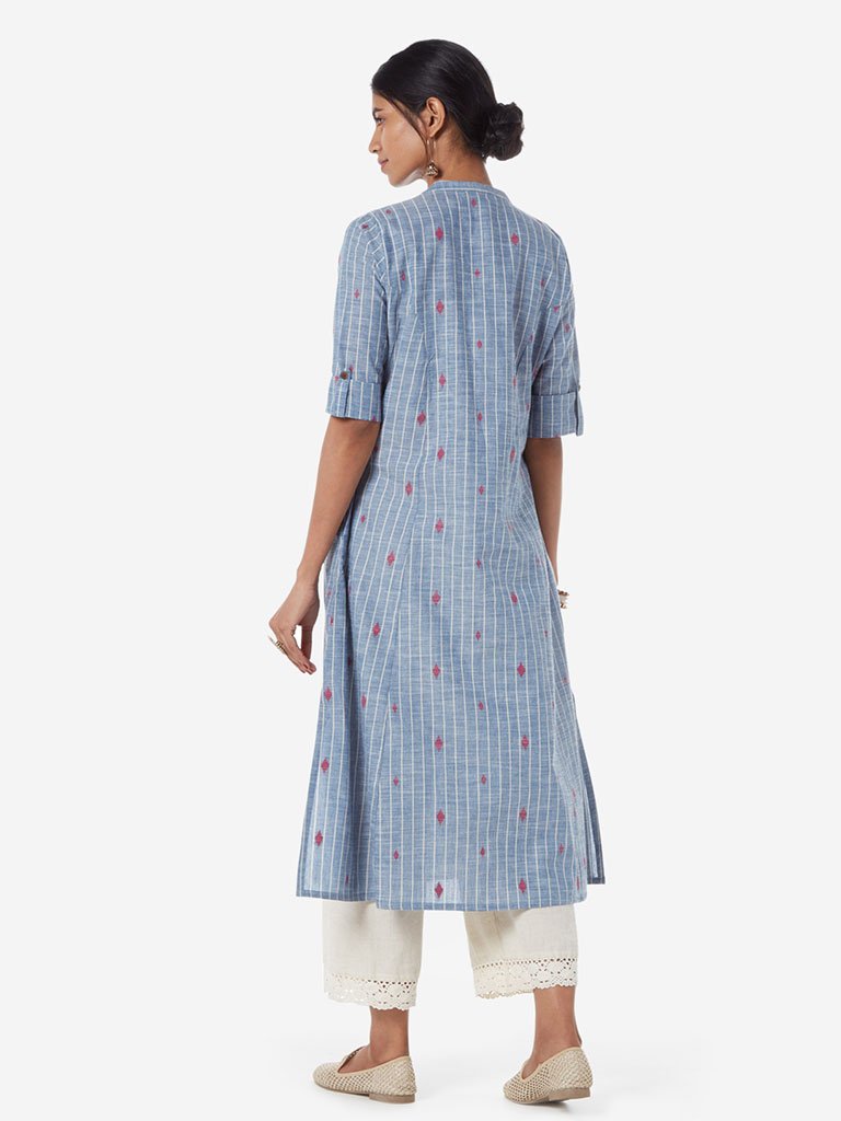 Utsa Blue Printed Pure-Cotton A-line Kurta