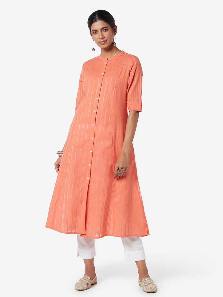 Utsa Coral Band-Neck Self-Striped A-line Kurta