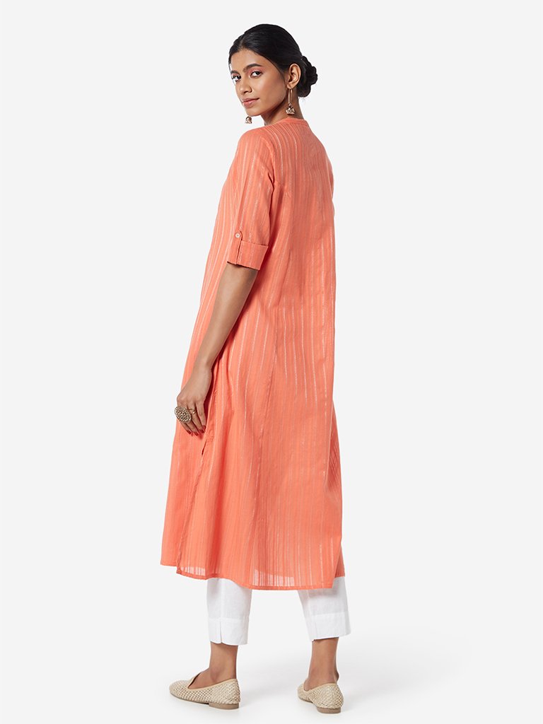 Utsa Coral Band-Neck Self-Striped A-line Kurta