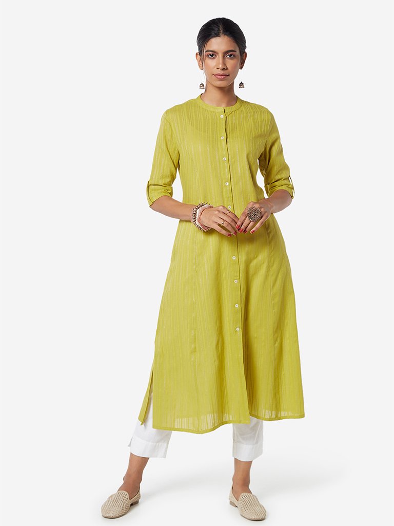 Utsa Lime Band-Neck Self-Striped A-line Kurta