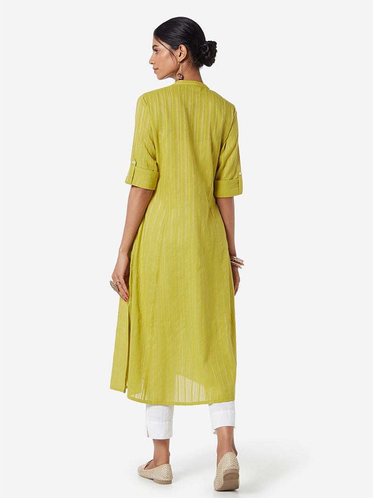 Utsa Lime Band-Neck Self-Striped A-line Kurta
