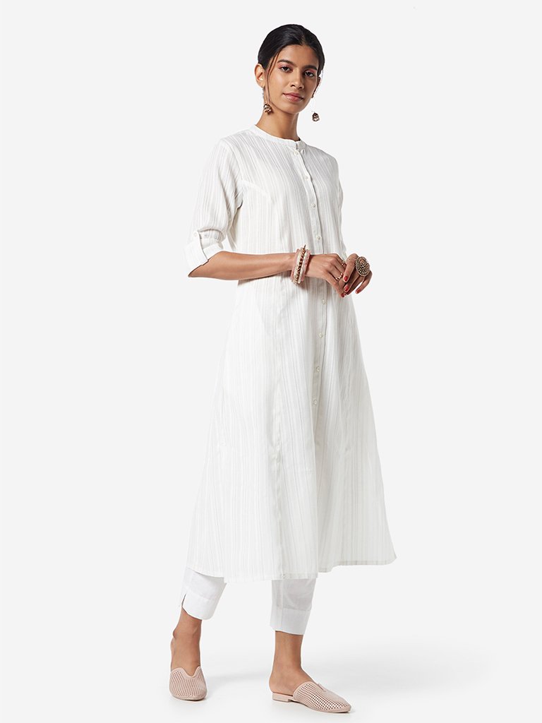 Utsa White Band-Neck Self-Striped A-line Kurta