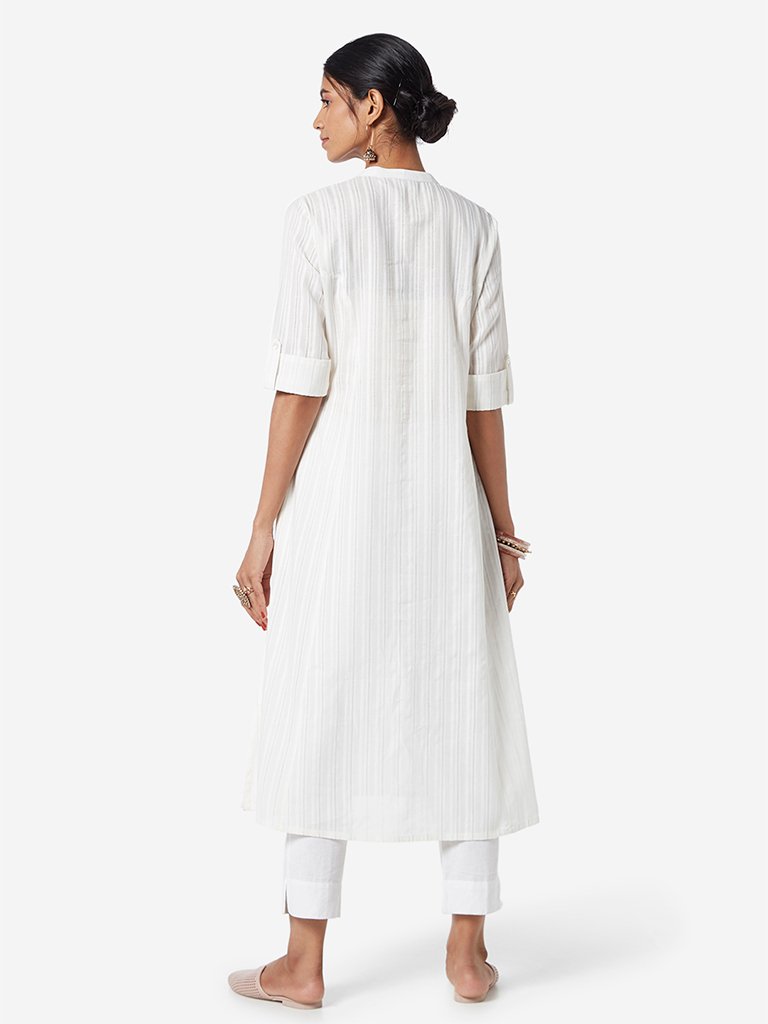 Utsa White Band-Neck Self-Striped A-line Kurta