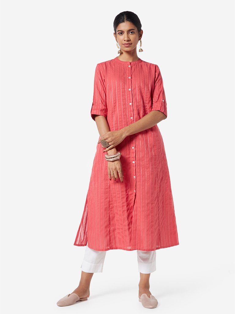 Utsa Pink Band-Neck Self-Striped A-line Kurta