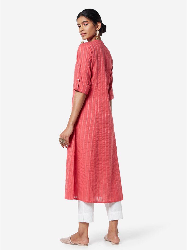 Utsa Pink Band-Neck Self-Striped A-line Kurta